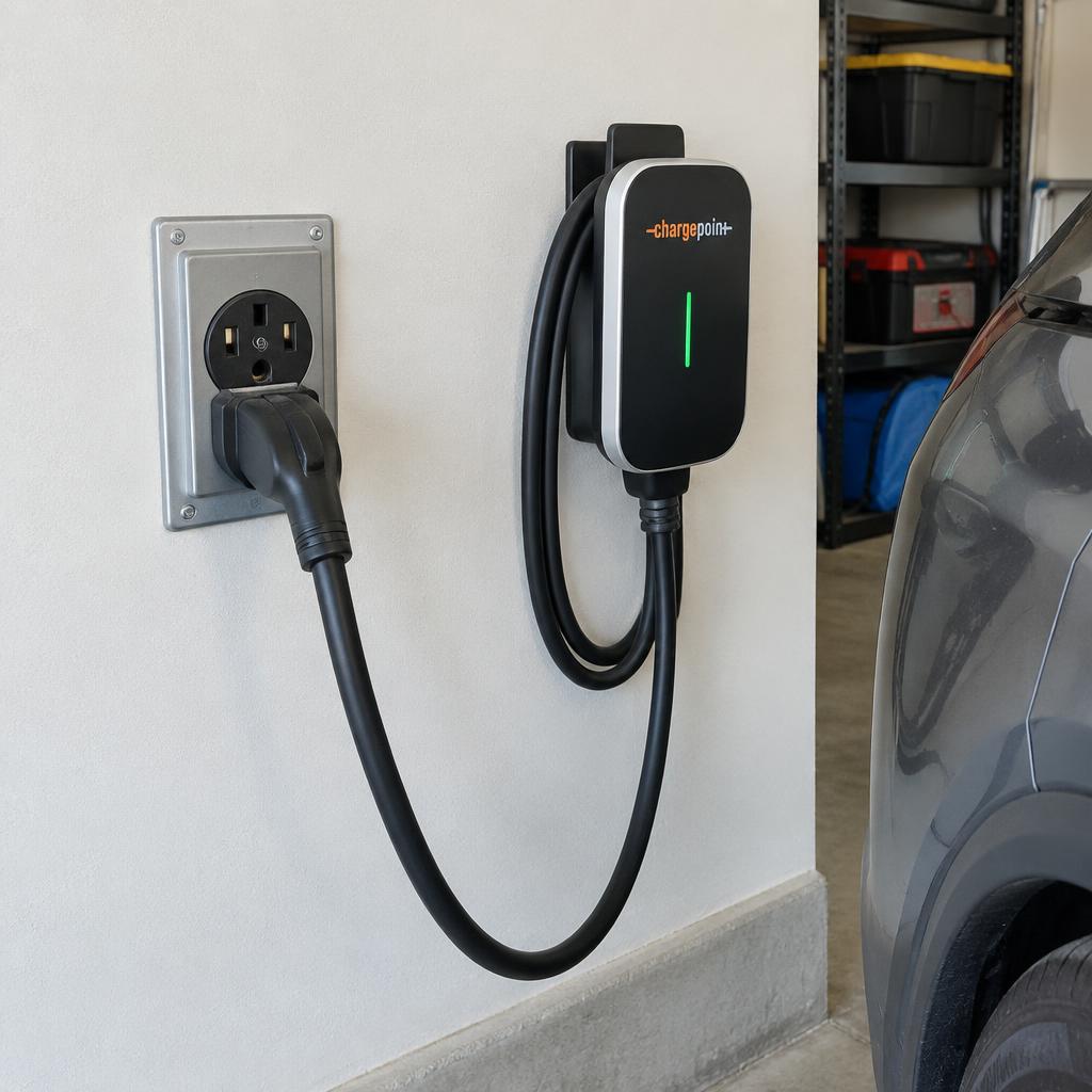 240V outlet on its own circuit installed in a home garage with a plug-in EV charger connected to it