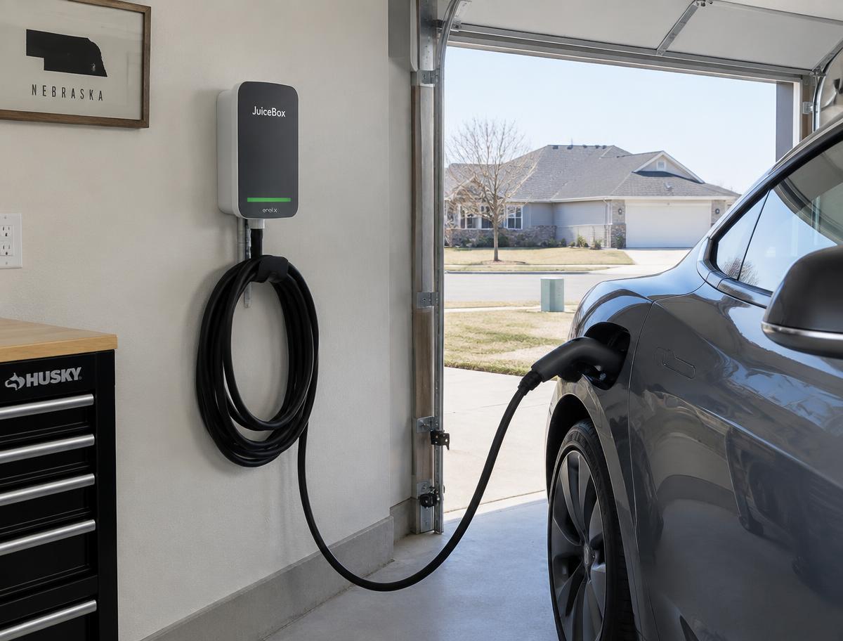Level 2 EV charger mounted on a garage wall beside a parked electric car at a home in the Omaha area