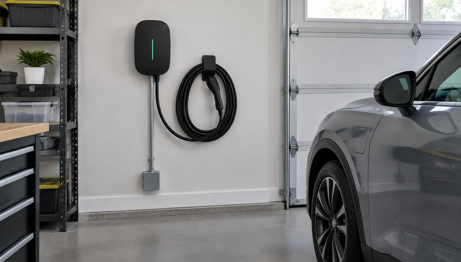 Finished home EV charger installation with the charging cable coiled on its wall hook and the garage left clean